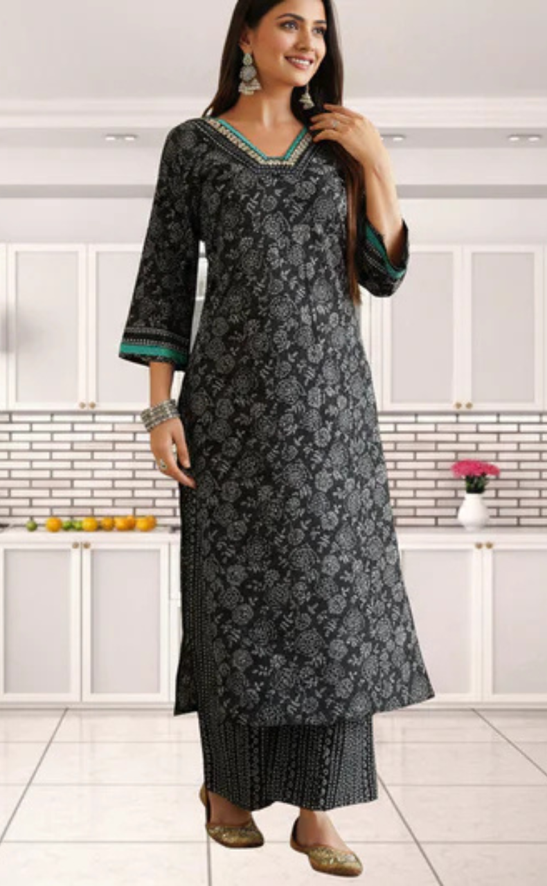 Black Garden Jaipur Cotton Kurti With Pant And Dupatta Set. Pure Versatile Cotton. | Laces and Frills