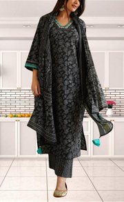 Black Garden Jaipur Cotton Kurti With Pant And Dupatta Set. Pure Versatile Cotton. | Laces and Frills - Laces and Frills