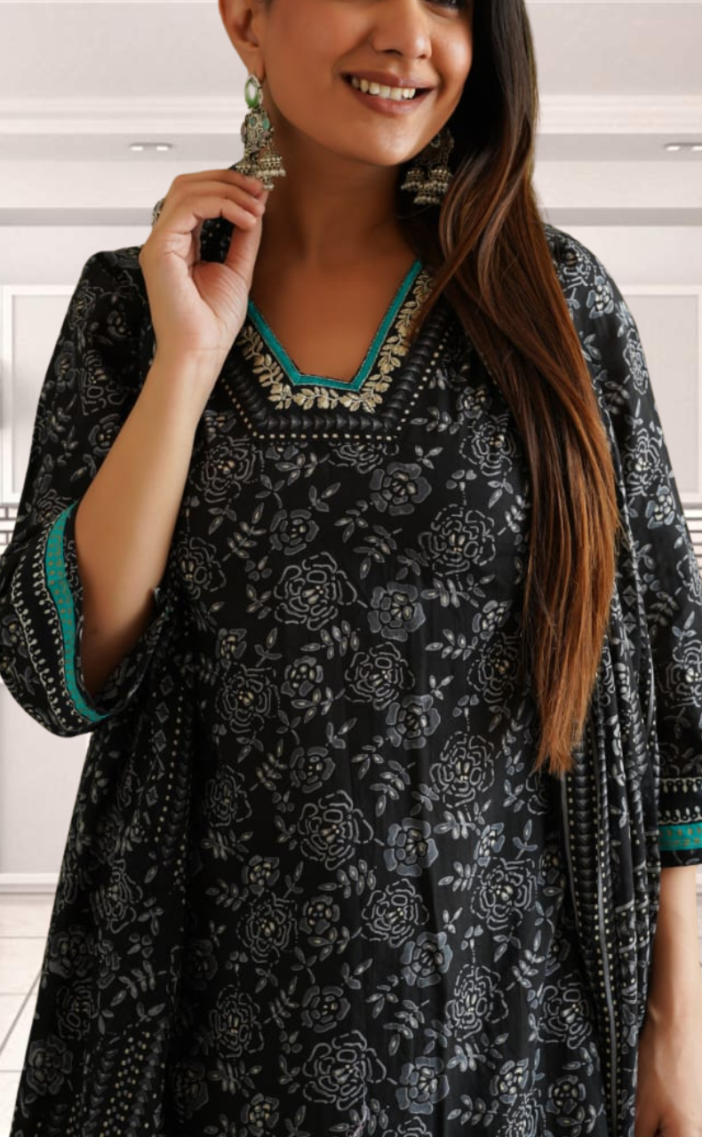 Black Garden Jaipur Cotton Kurti With Pant And Dupatta Set. Pure Versatile Cotton. | Laces and Frills - Laces and Frills