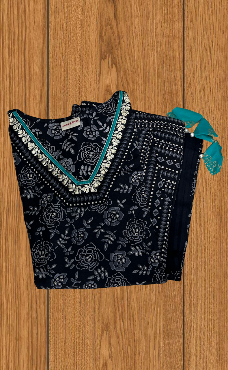 Black Garden Jaipur Cotton Kurti With Pant And Dupatta Set. Pure Versatile Cotton. | Laces and Frills - Laces and Frills