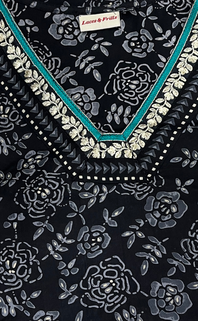 Black Garden Jaipur Cotton Kurti With Pant And Dupatta Set. Pure Versatile Cotton. | Laces and Frills - Laces and Frills