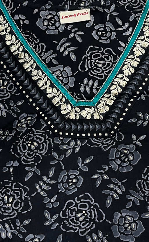 Black Garden Jaipur Cotton Kurti With Pant And Dupatta Set. Pure Versatile Cotton. | Laces and Frills - Laces and Frills
