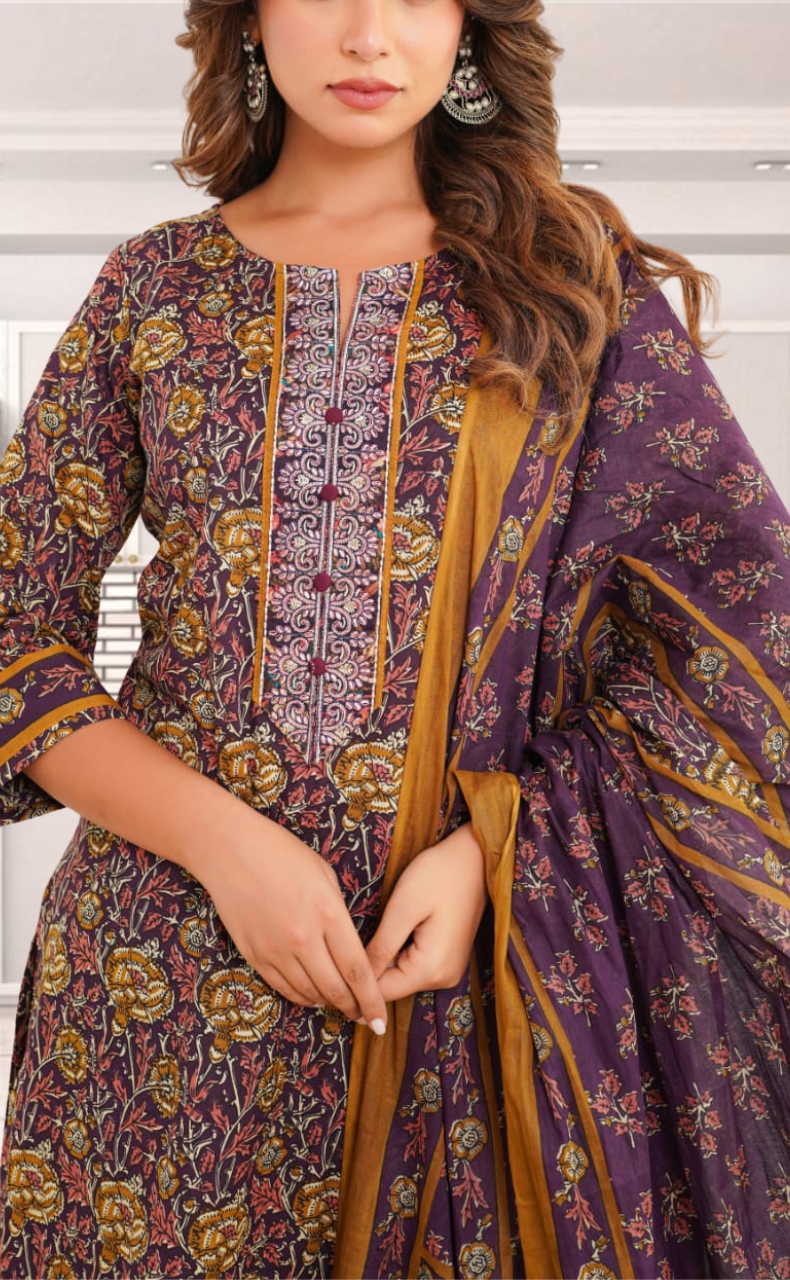 Dark Purple Garden Jaipur Cotton Kurti With Pant And Dupatta Set. Pure Versatile Cotton. | Laces and Frills