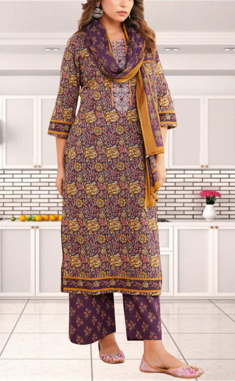 Dark Purple Garden Jaipur Cotton Kurti With Pant And Dupatta Set. Pure Versatile Cotton. | Laces and Frills
