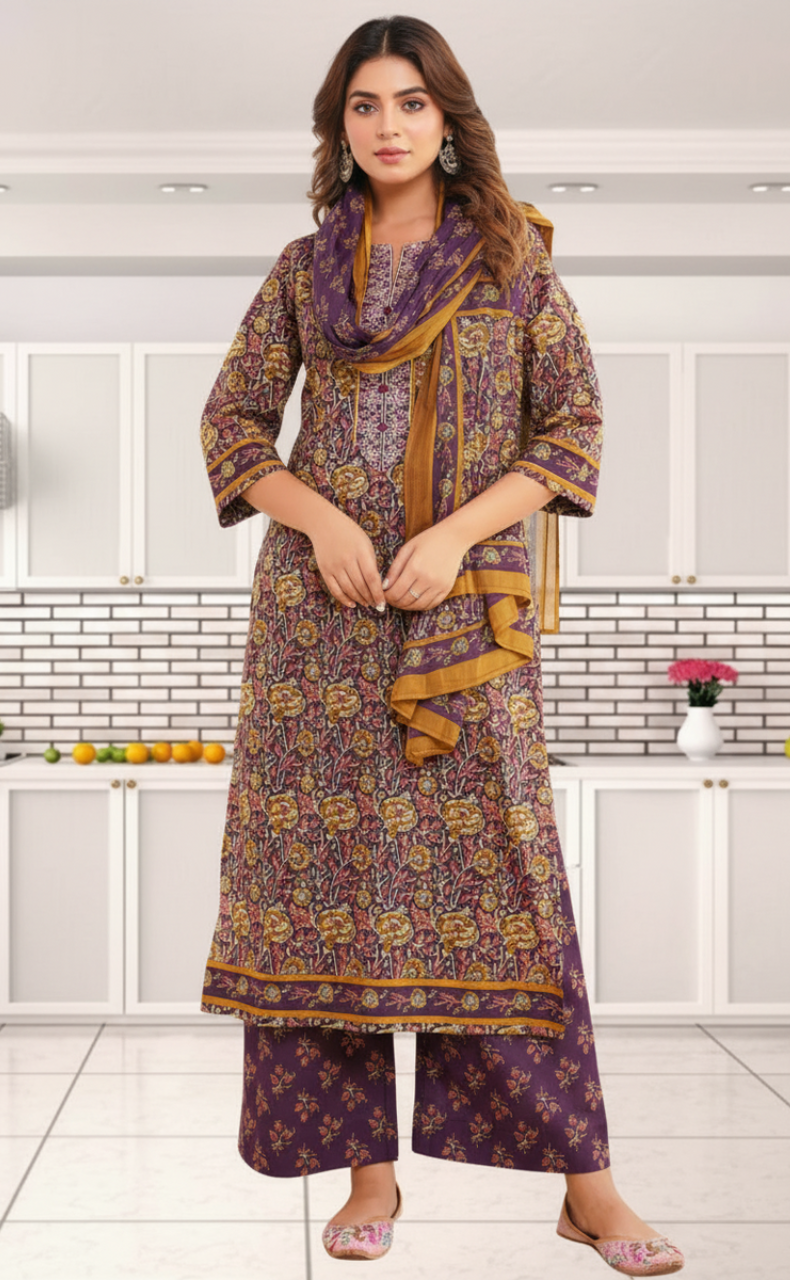 Dark Purple Garden Jaipur Cotton Kurti With Pant And Dupatta Set. Pure Versatile Cotton. | Laces and Frills