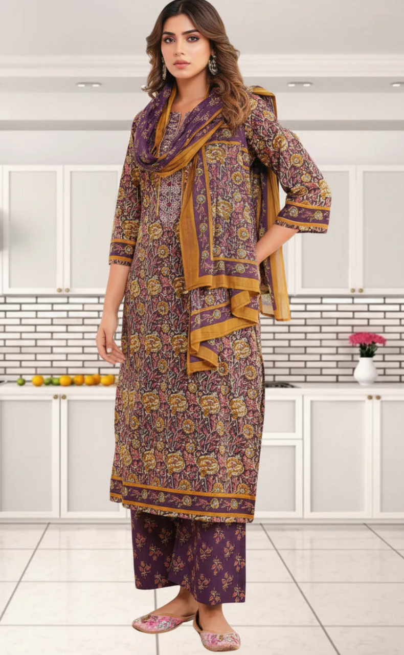Dark Purple Garden Jaipur Cotton Kurti With Pant And Dupatta Set. Pure Versatile Cotton. | Laces and Frills
