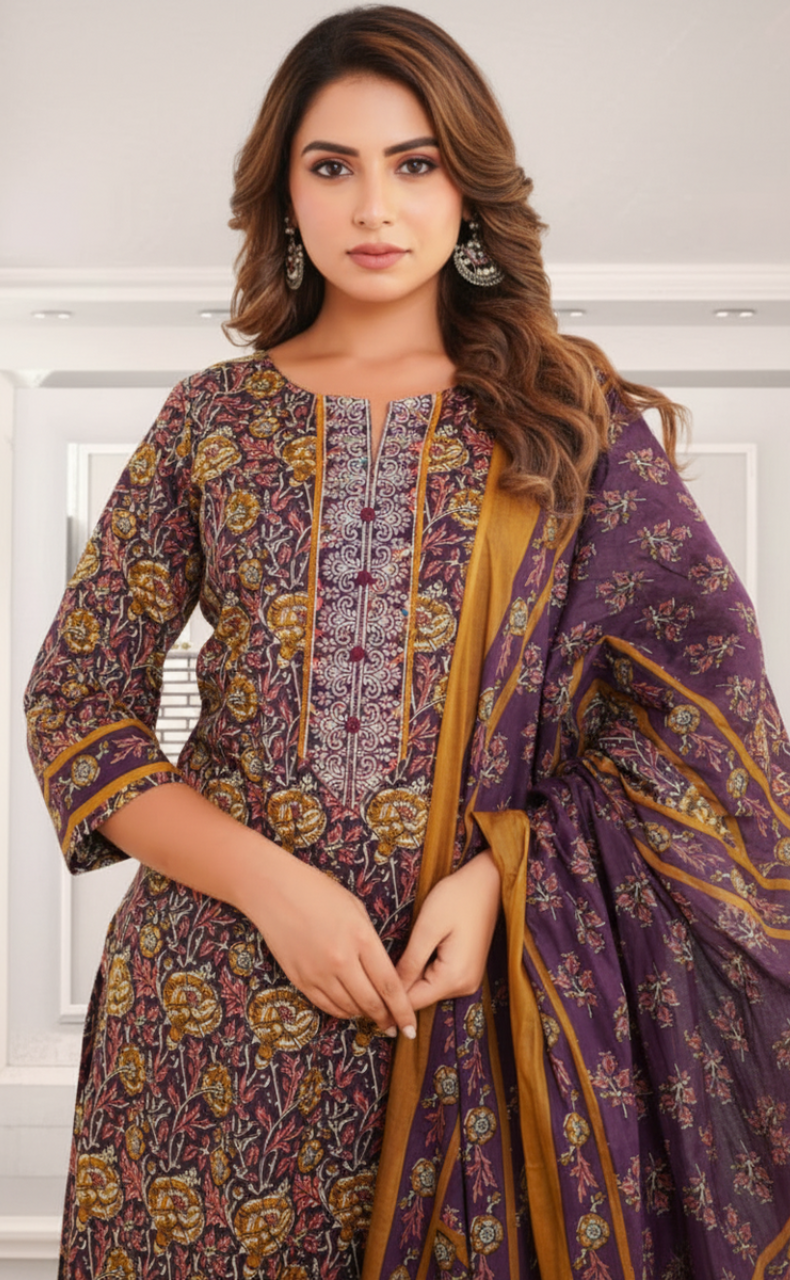 Dark Purple Garden Jaipur Cotton Kurti With Pant And Dupatta Set. Pure Versatile Cotton. | Laces and Frills