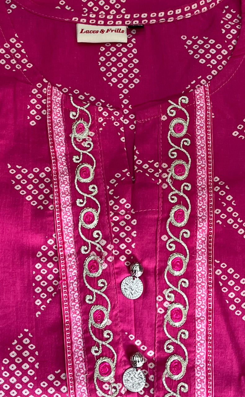 Hot Pink Bandini Jaipur Cotton Kurti With Pant And Dupatta Set. Pure Versatile Cotton. | Laces and Frills