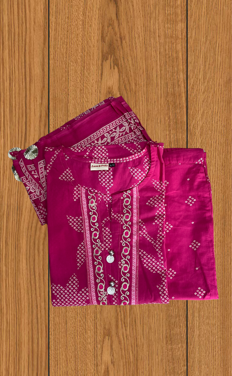 Hot Pink Bandini Jaipur Cotton Kurti With Pant And Dupatta Set. Pure Versatile Cotton. | Laces and Frills