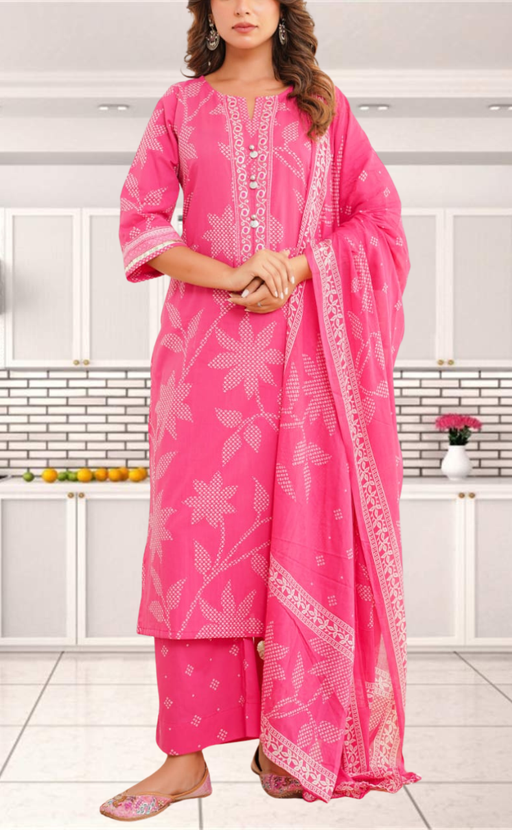 Hot Pink Bandini Jaipur Cotton Kurti With Pant And Dupatta Set. Pure Versatile Cotton. | Laces and Frills