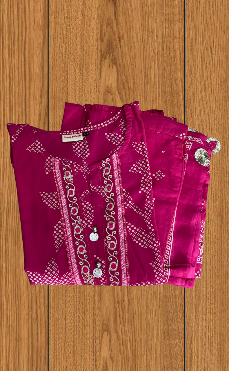 Hot Pink Bandini Jaipur Cotton Kurti With Pant And Dupatta Set. Pure Versatile Cotton. | Laces and Frills