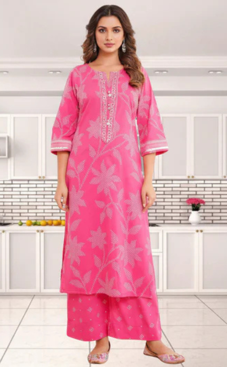 Hot Pink Bandini Jaipur Cotton Kurti With Pant And Dupatta Set. Pure Versatile Cotton. | Laces and Frills
