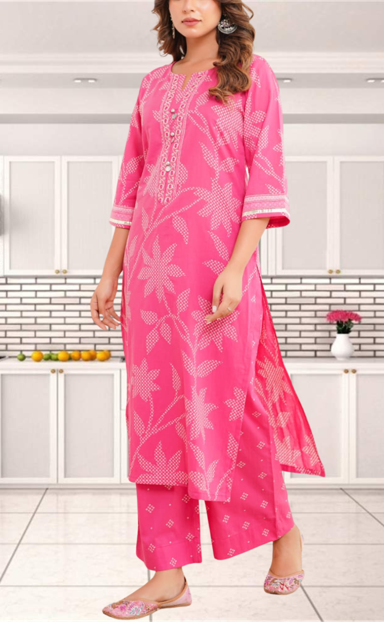 Hot Pink Bandini Jaipur Cotton Kurti With Pant And Dupatta Set. Pure Versatile Cotton. | Laces and Frills