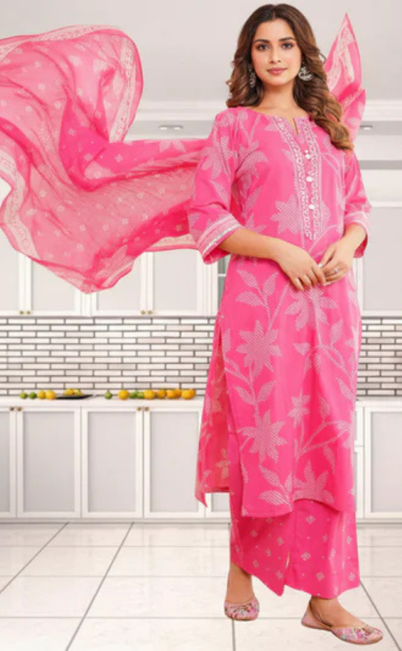 Hot Pink Bandini Jaipur Cotton Kurti With Pant And Dupatta Set. Pure Versatile Cotton. | Laces and Frills
