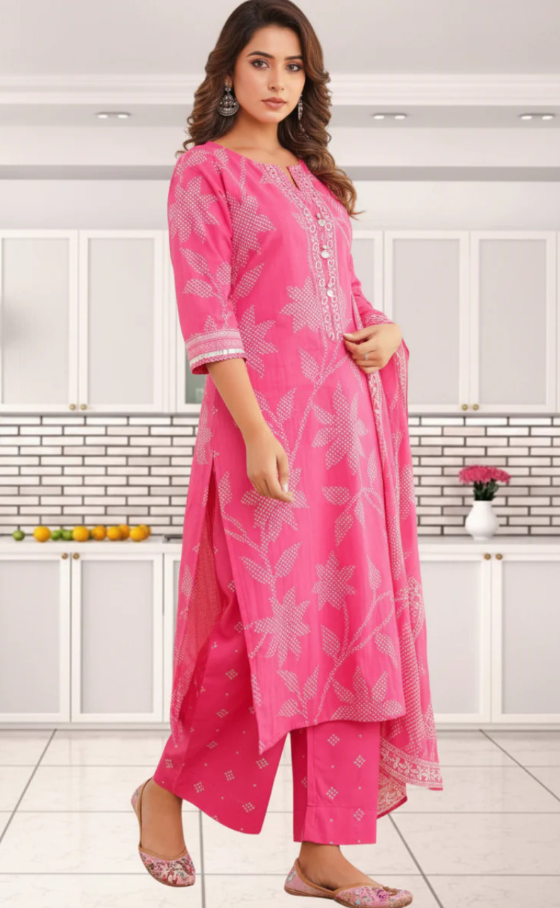 Hot Pink Bandini Jaipur Cotton Kurti With Pant And Dupatta Set. Pure Versatile Cotton. | Laces and Frills