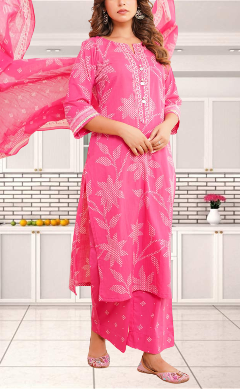 Hot Pink Bandini Jaipur Cotton Kurti With Pant And Dupatta Set. Pure Versatile Cotton. | Laces and Frills