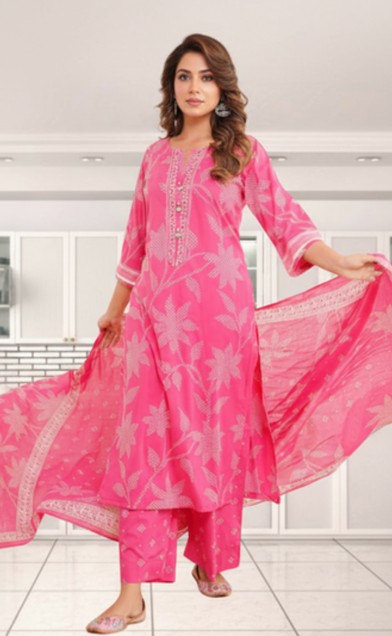 Hot Pink Bandini Jaipur Cotton Kurti With Pant And Dupatta Set. Pure Versatile Cotton. | Laces and Frills