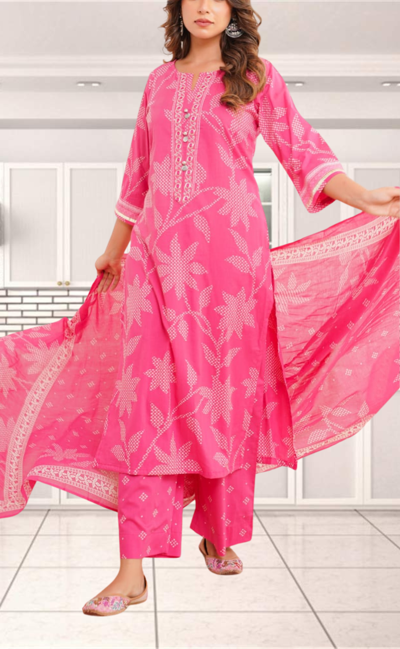 Hot Pink Bandini Jaipur Cotton Kurti With Pant And Dupatta Set. Pure Versatile Cotton. | Laces and Frills