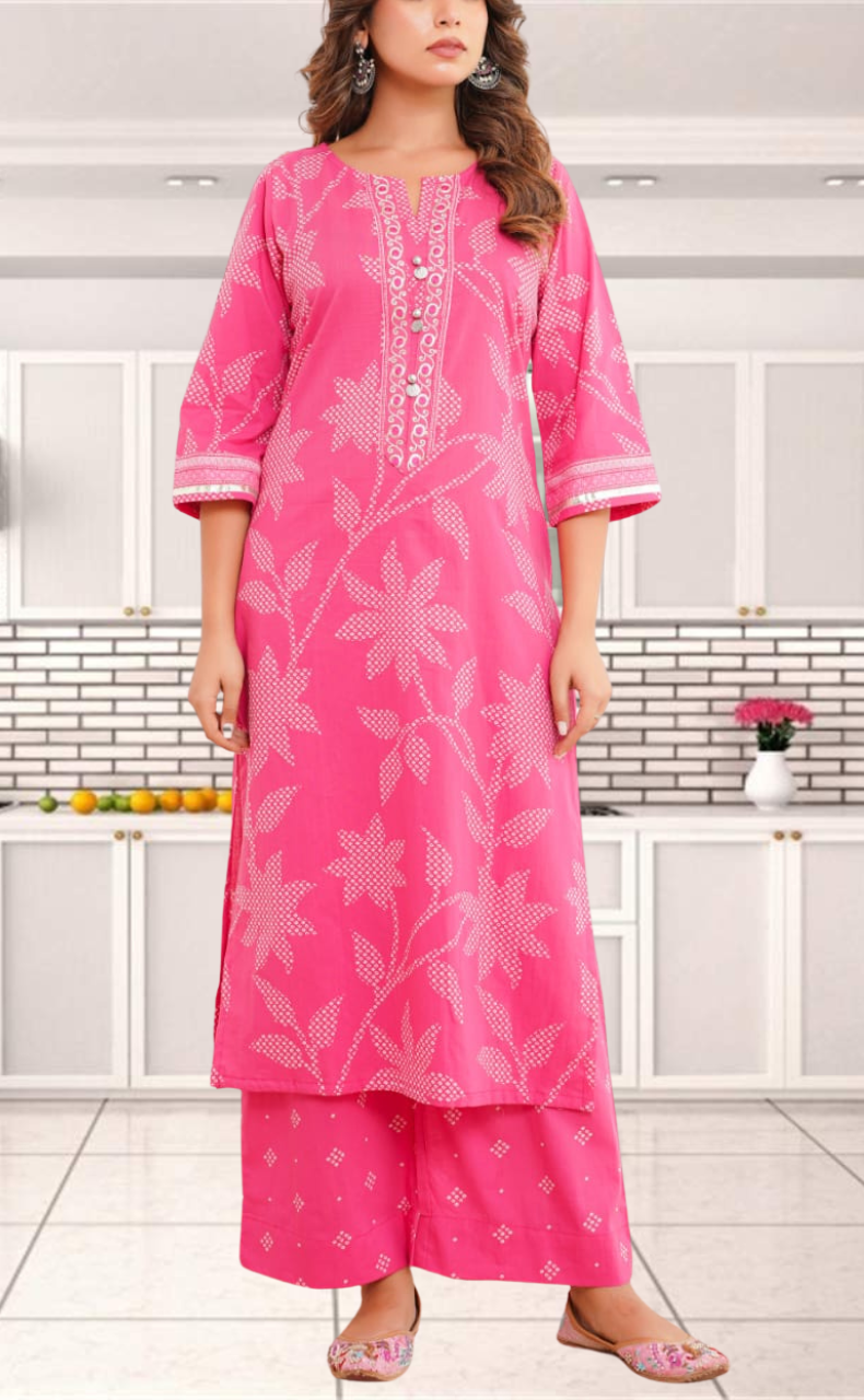 Hot Pink Bandini Jaipur Cotton Kurti With Pant And Dupatta Set. Pure Versatile Cotton. | Laces and Frills