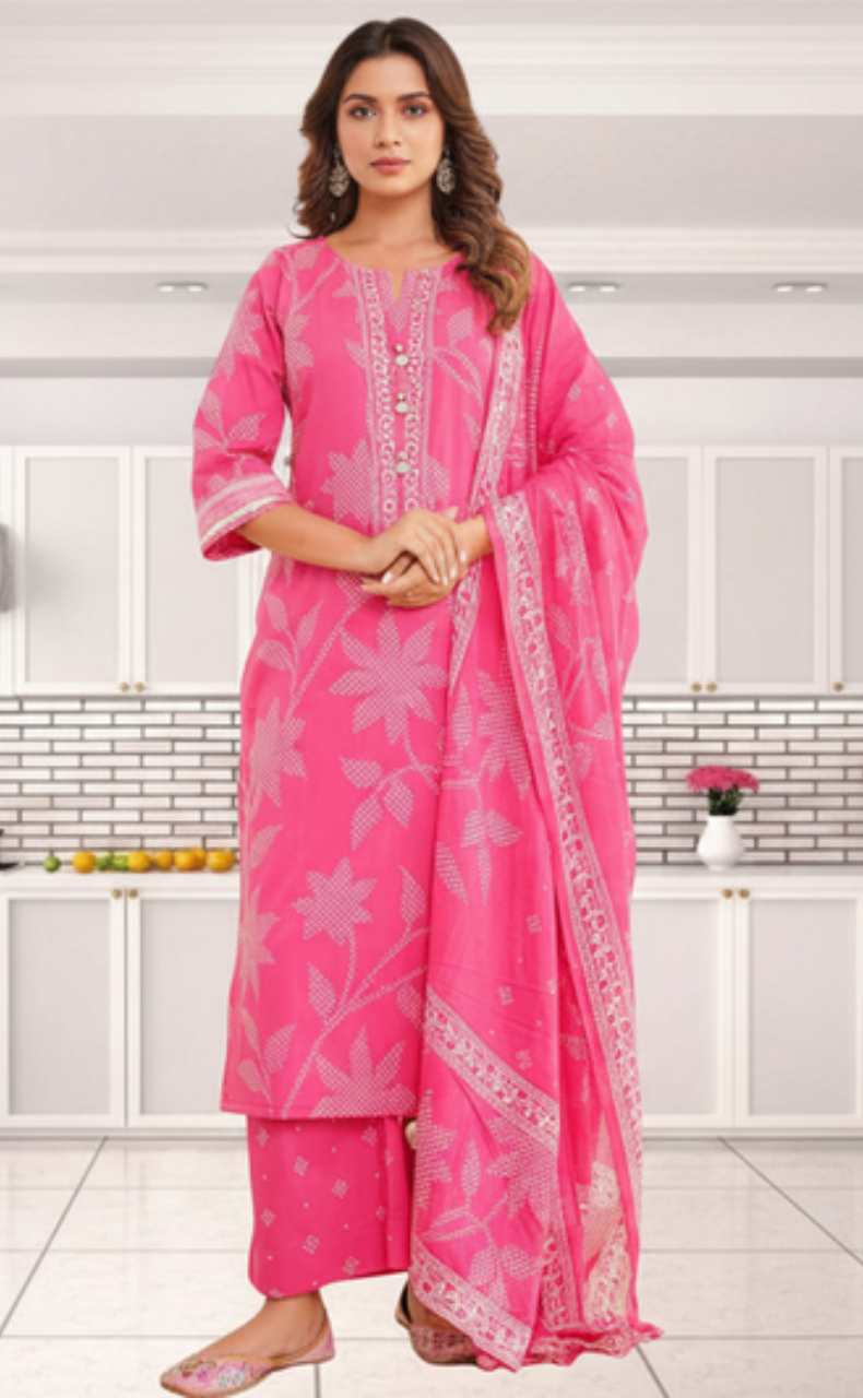Hot Pink Bandini Jaipur Cotton Kurti With Pant And Dupatta Set. Pure Versatile Cotton. | Laces and Frills