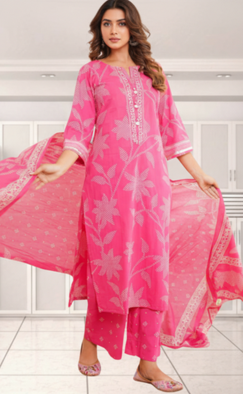 Hot Pink Bandini Jaipur Cotton Kurti With Pant And Dupatta Set. Pure Versatile Cotton. | Laces and Frills