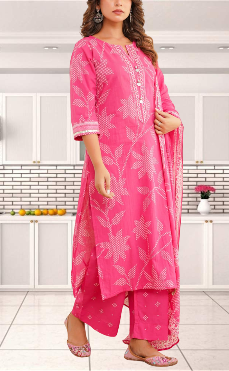 Hot Pink Bandini Jaipur Cotton Kurti With Pant And Dupatta Set. Pure Versatile Cotton. | Laces and Frills