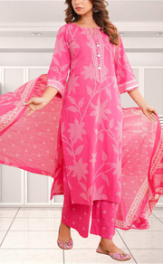 Hot Pink Bandini Jaipur Cotton Kurti With Pant And Dupatta Set. Pure Versatile Cotton. | Laces and Frills