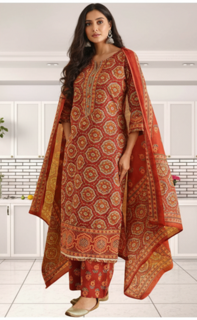 Maroon Garden Jaipur Cotton Kurti With Pant And Dupatta Set. Pure Versatile Cotton. | Laces and Frills