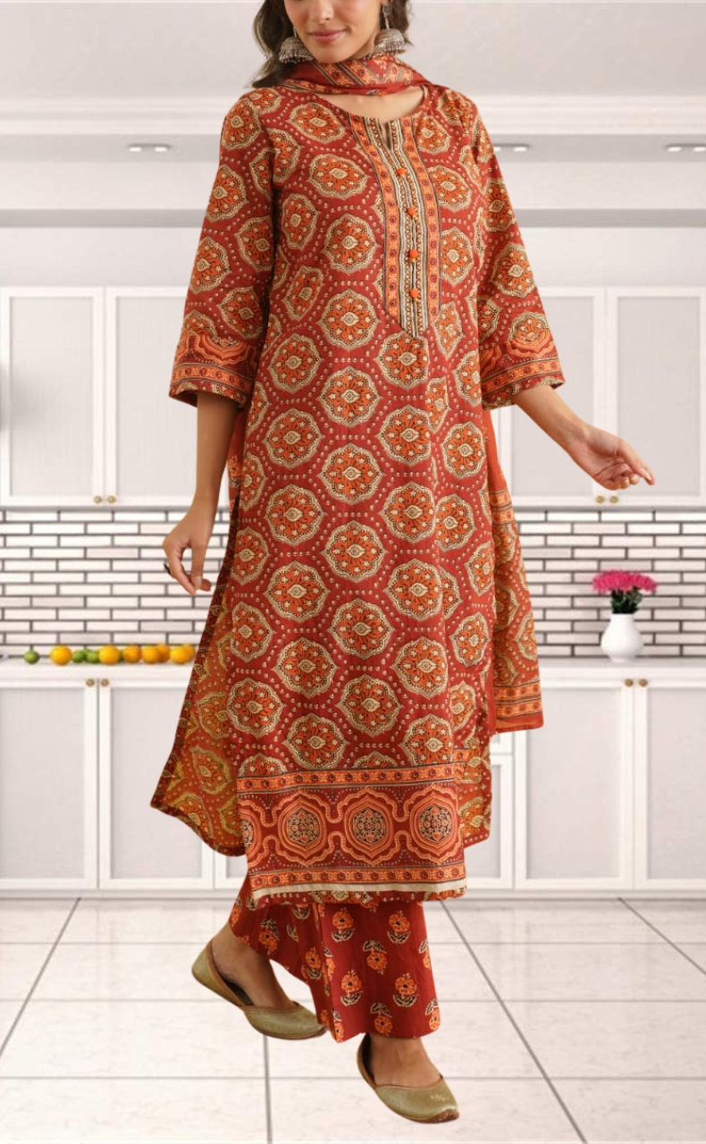 Maroon Garden Jaipur Cotton Kurti With Pant And Dupatta Set. Pure Versatile Cotton. | Laces and Frills