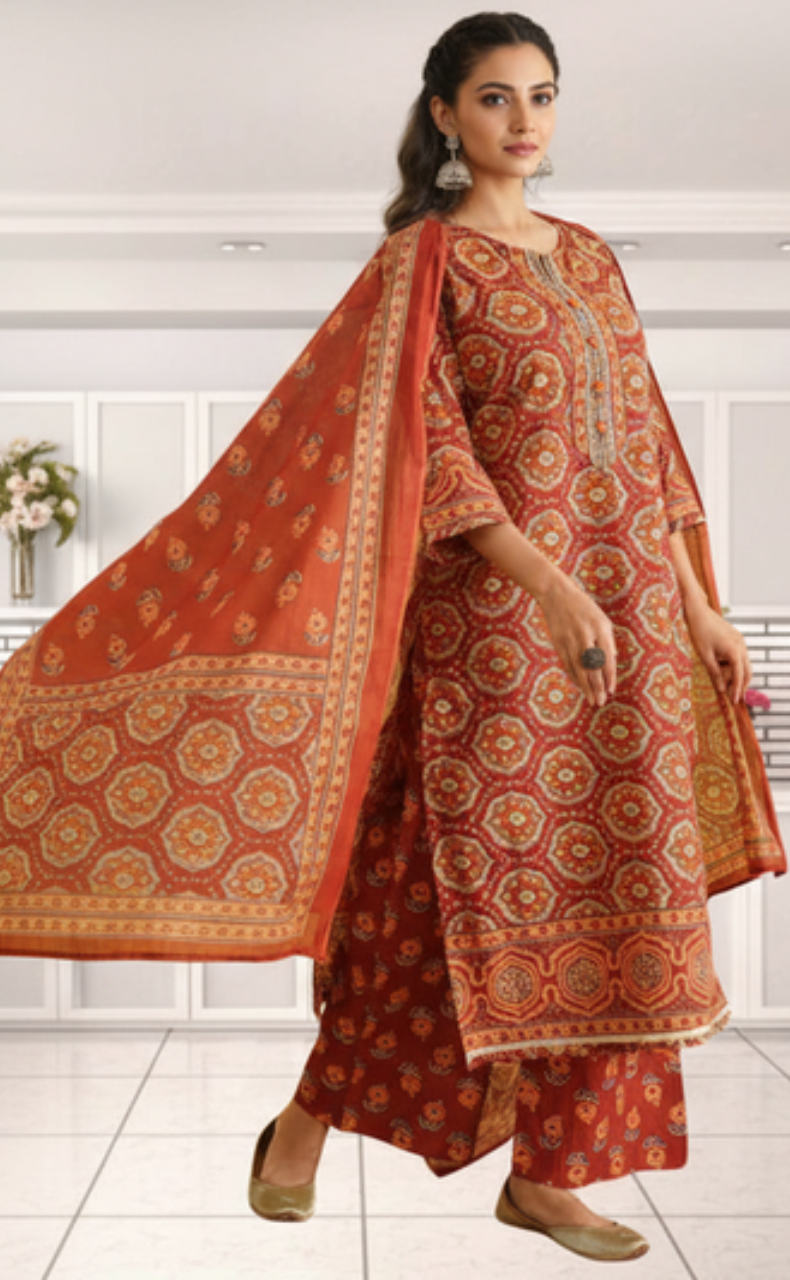 Maroon Garden Jaipur Cotton Kurti With Pant And Dupatta Set. Pure Versatile Cotton. | Laces and Frills