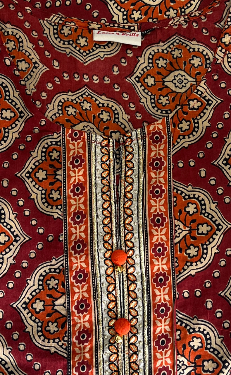 Maroon Garden Jaipur Cotton Kurti With Pant And Dupatta Set. Pure Versatile Cotton. | Laces and Frills