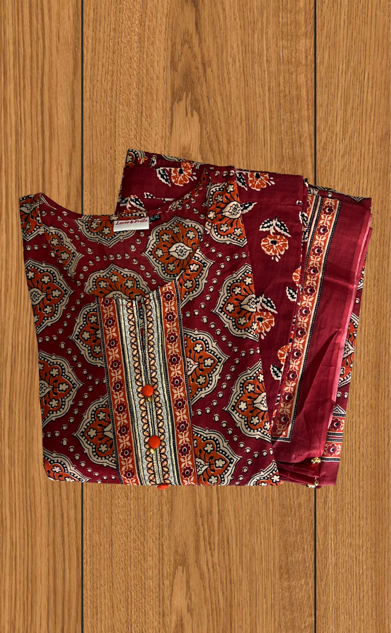 Maroon Garden Jaipur Cotton Kurti With Pant And Dupatta Set. Pure Versatile Cotton. | Laces and Frills