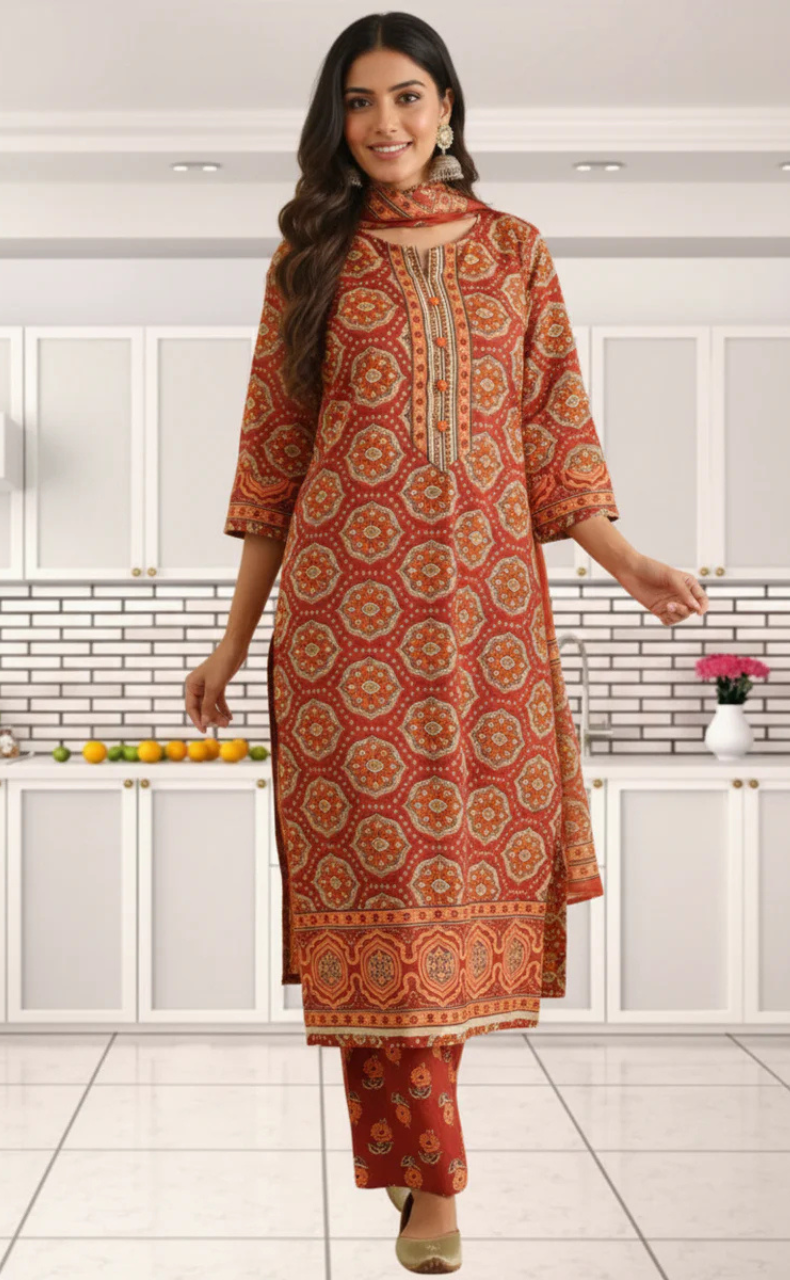 Maroon Garden Jaipur Cotton Kurti With Pant And Dupatta Set. Pure Versatile Cotton. | Laces and Frills