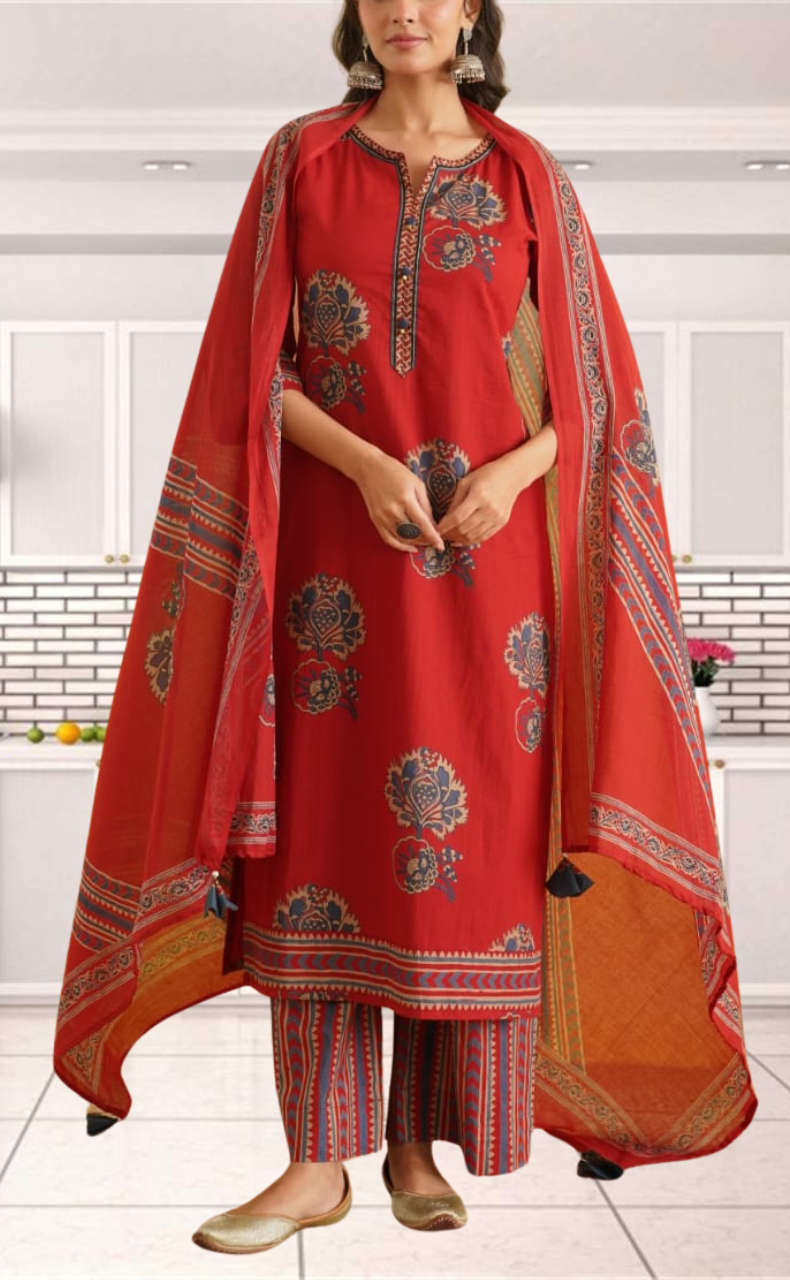 Maroon Garden Jaipur Cotton Kurti With Pant And Dupatta Set. Pure Versatile Cotton. | Laces and Frills