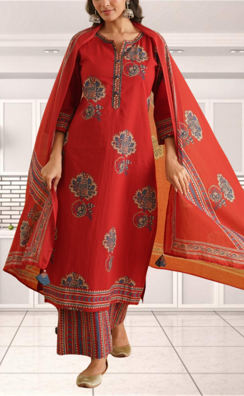 Maroon Garden Jaipur Cotton Kurti With Pant And Dupatta Set. Pure Versatile Cotton. | Laces and Frills