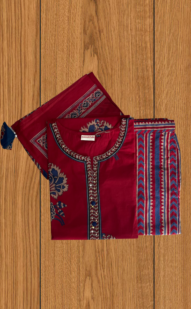 Maroon Garden Jaipur Cotton Kurti With Pant And Dupatta Set. Pure Versatile Cotton. | Laces and Frills