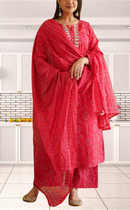 Peach/Pink Bandini Jaipur Cotton Kurti With Pant And Dupatta Set. Pure Versatile Cotton. | Laces and Frills