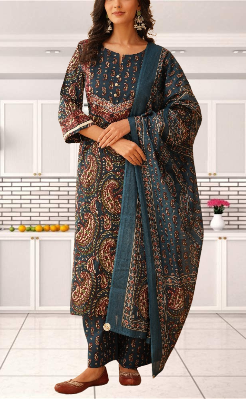 Indigo Blue Paisley Print Jaipur Cotton Kurti With Pant And Dupatta Set. Pure Versatile Cotton. | Laces and Frills