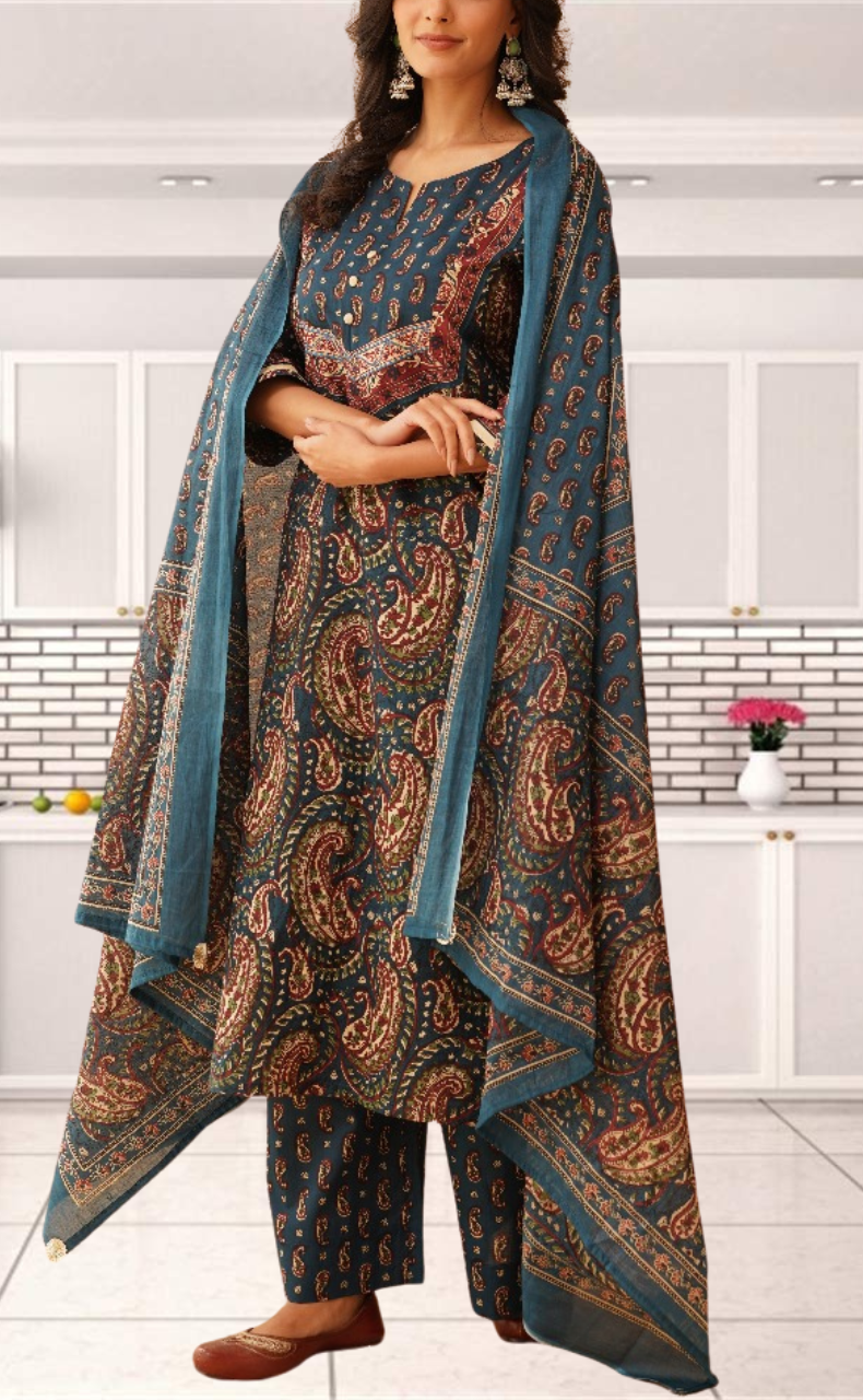 Indigo Blue Paisley Print Jaipur Cotton Kurti With Pant And Dupatta Set. Pure Versatile Cotton. | Laces and Frills