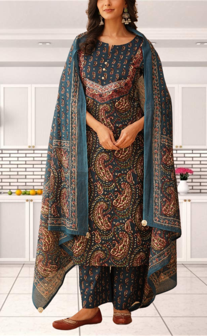 Indigo Blue Paisley Print Jaipur Cotton Kurti With Pant And Dupatta Set. Pure Versatile Cotton. | Laces and Frills