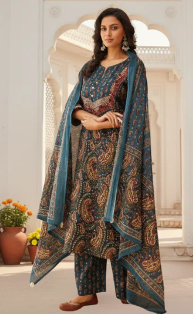 Indigo Blue Paisley Print Jaipur Cotton Kurti With Pant And Dupatta Set. Pure Versatile Cotton. | Laces and Frills