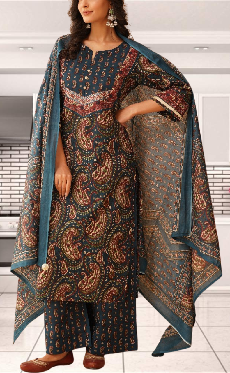 Indigo Blue Paisley Print Jaipur Cotton Kurti With Pant And Dupatta Set. Pure Versatile Cotton. | Laces and Frills