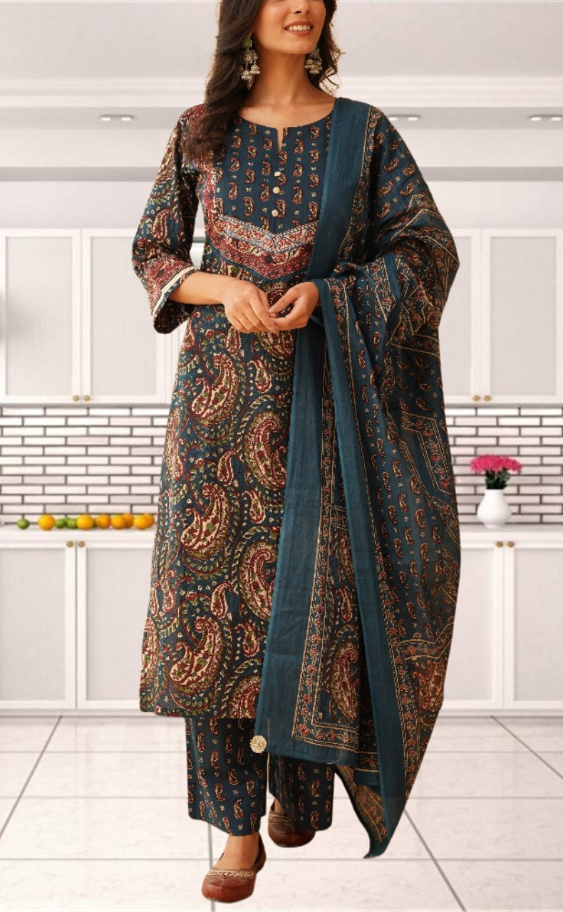 Indigo Blue Paisley Print Jaipur Cotton Kurti With Pant And Dupatta Set. Pure Versatile Cotton. | Laces and Frills