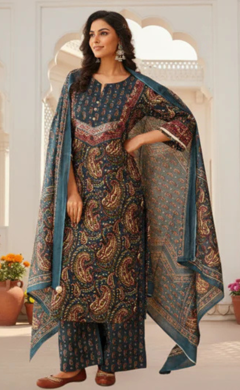 Indigo Blue Paisley Print Jaipur Cotton Kurti With Pant And Dupatta Set. Pure Versatile Cotton. | Laces and Frills