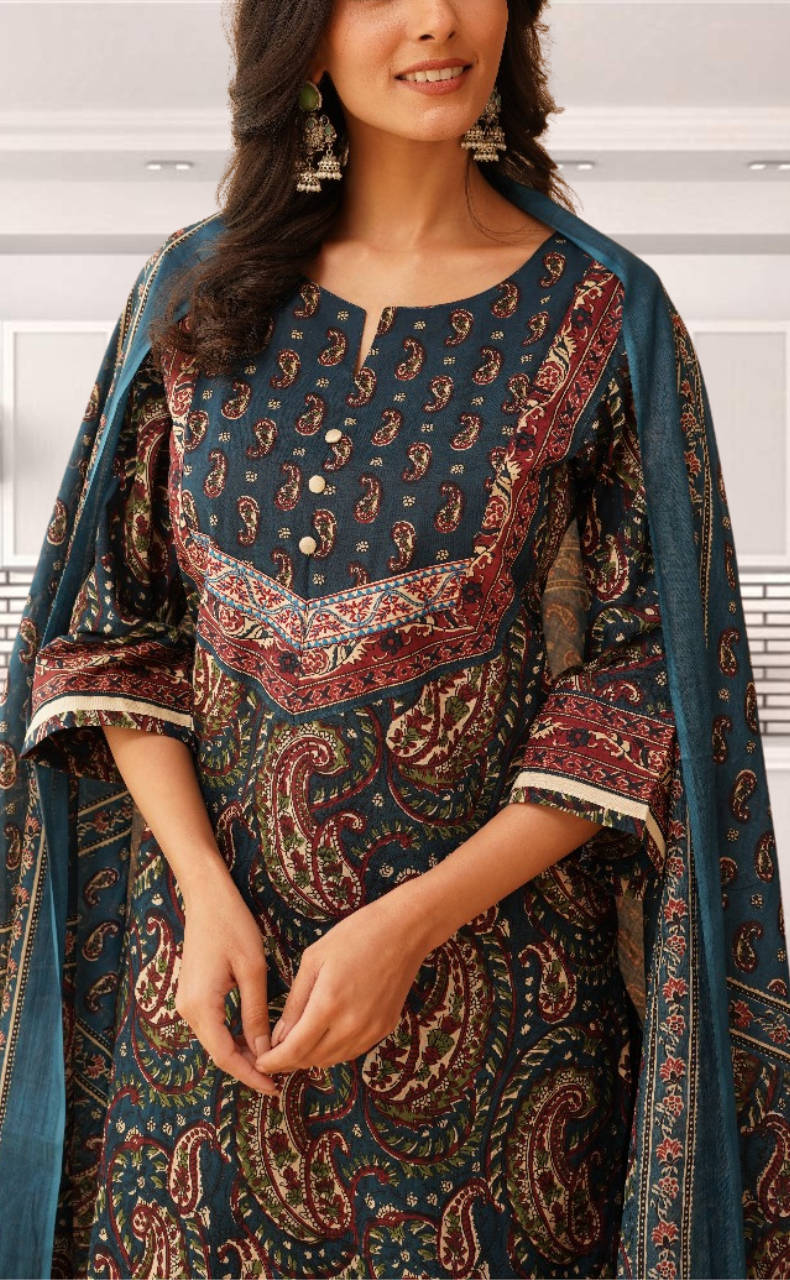 Indigo Blue Paisley Print Jaipur Cotton Kurti With Pant And Dupatta Set. Pure Versatile Cotton. | Laces and Frills