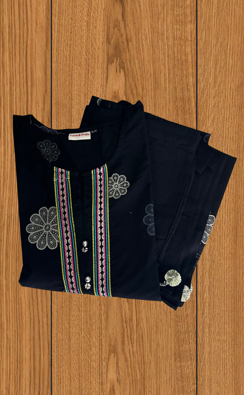 Black Floral Jaipur Cotton Kurti With Pant And Dupatta Set. Pure Versatile Cotton. | Laces and Frills