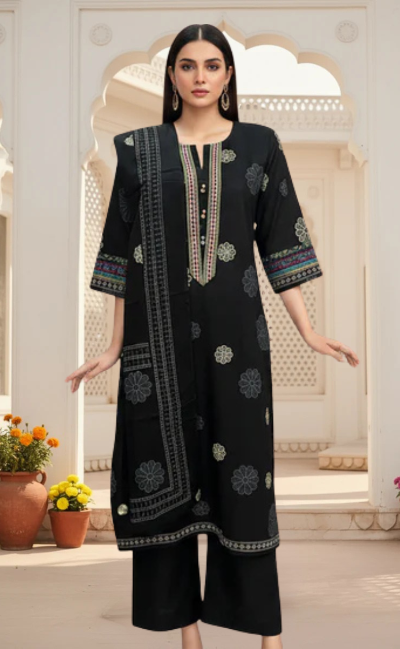 Black Floral Jaipur Cotton Kurti With Pant And Dupatta Set. Pure Versatile Cotton. | Laces and Frills