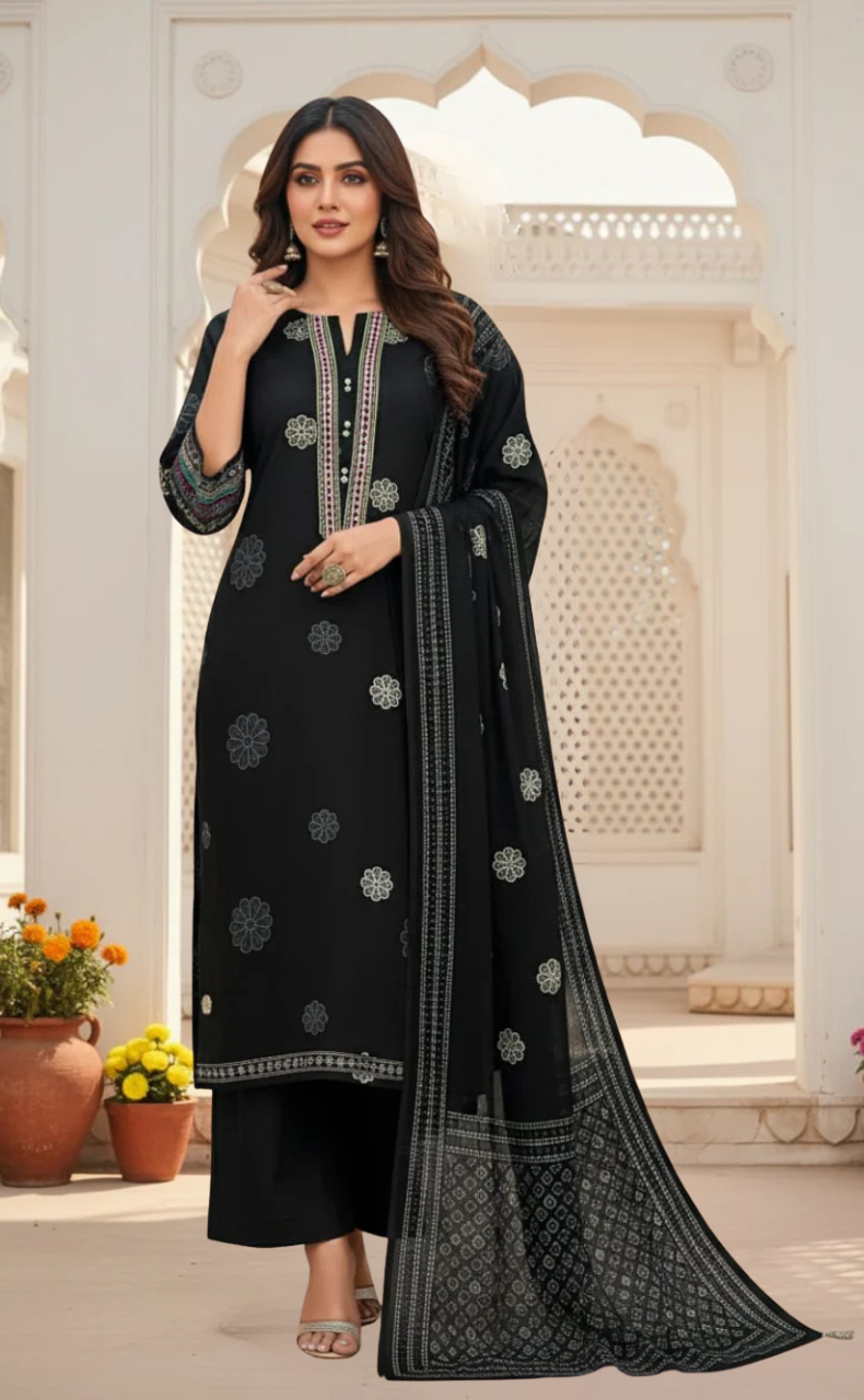 Black Floral Jaipur Cotton Kurti With Pant And Dupatta Set. Pure Versatile Cotton. | Laces and Frills