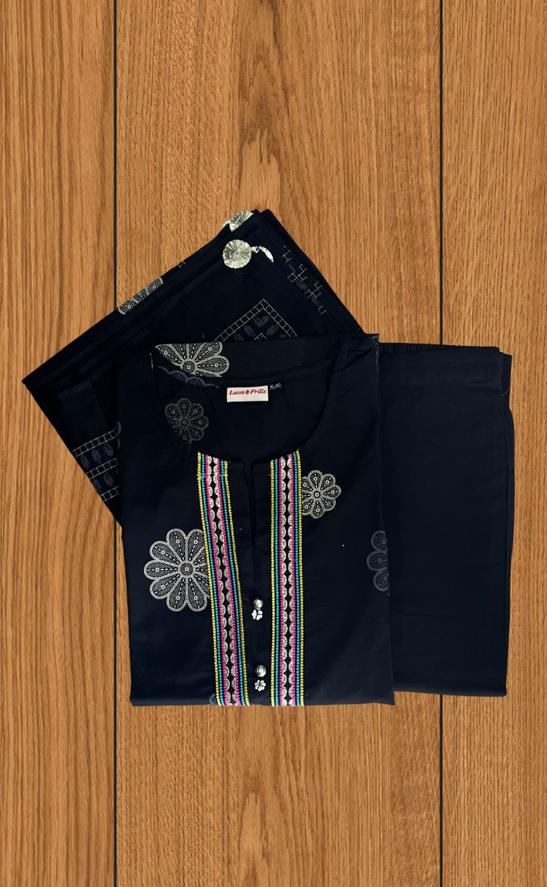 Black Floral Jaipur Cotton Kurti With Pant And Dupatta Set. Pure Versatile Cotton. | Laces and Frills