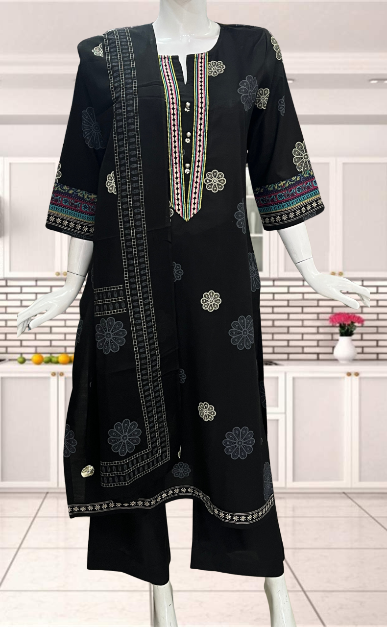 Black Floral Jaipur Cotton Kurti With Pant And Dupatta Set. Pure Versatile Cotton. | Laces and Frills